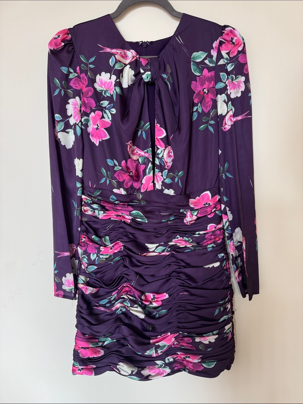 NWT Floral Ruched Long-Sleeve Mini Dress - Purple Pink